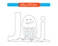 Letter J and funny cartoon jellyfish. Coloring page.Animals alphabet a-z. Cute zoo alphabet in vector for kids learning English vo